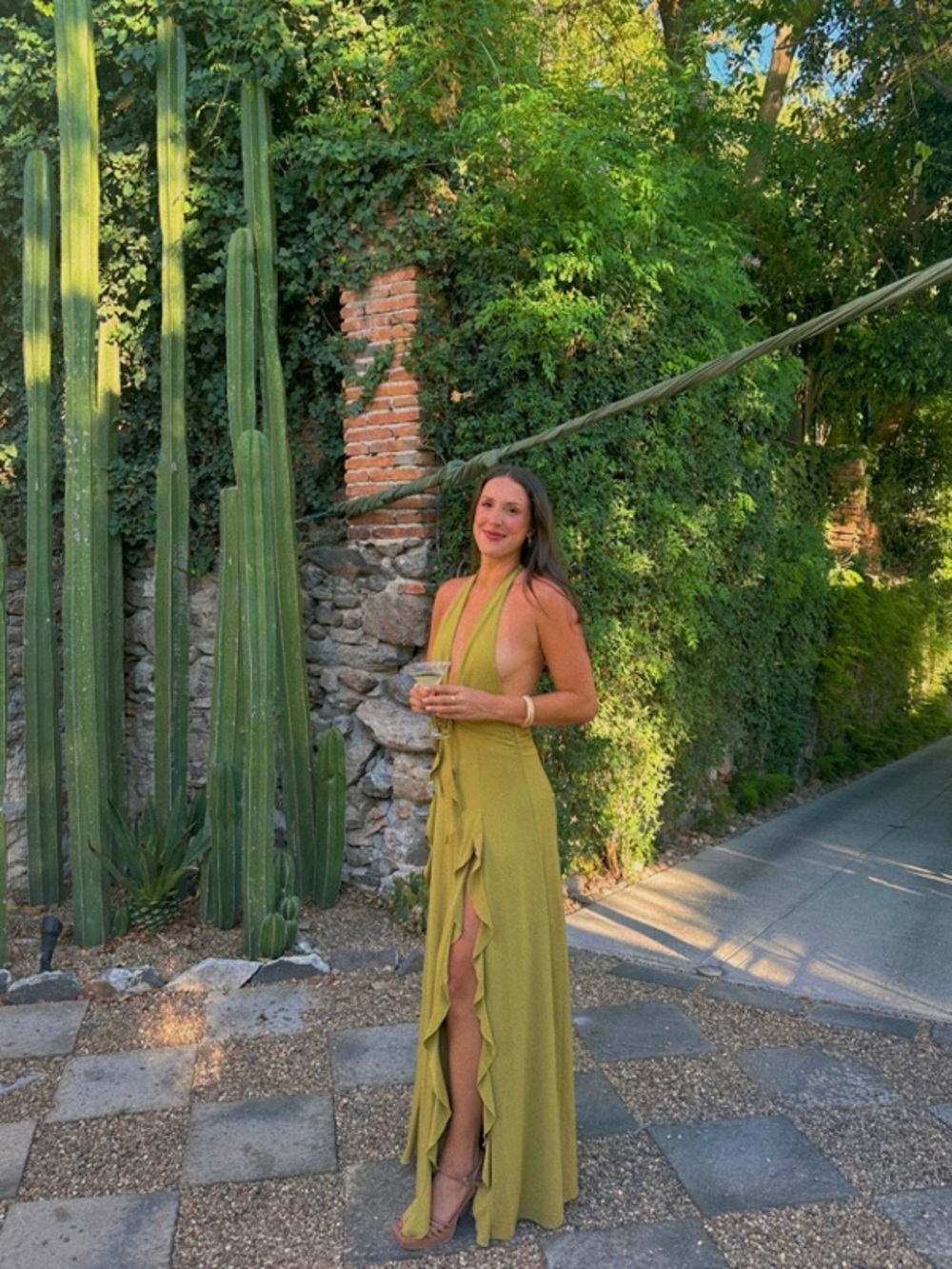 WeWoreWhat Halter Ruffle Maxi Dress Olive Green with Slits & Front Rosette - Picture 8 of 13